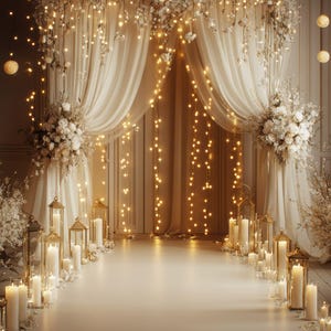 Könnte beinhalten: Eine elegante Hochzeits- oder Veranstaltungsdekoration mit weißen Vorhängen, Blumenschmuck und warmen Lichterketten. Hohe Kerzen und goldene Laternen säumen den Gang und schaffen eine romantische Atmosphäre. Das Farbschema ist weiss und gold.