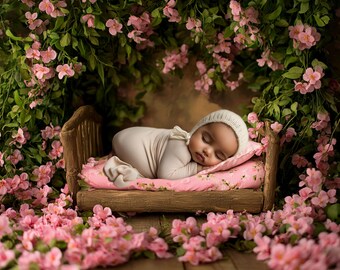 Newborn baby digital backdrop, newborn studio photography mockup, virtual background, photoshop overlay editing template, spring flowers