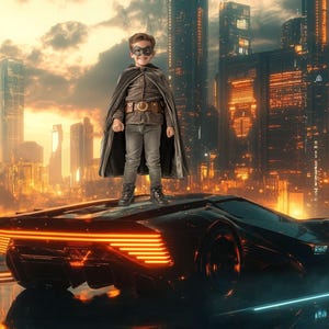 Digital superhjältebakgrund, futuristiska bilar och virtuell sci-fi-stadsbildsbakgrund för superhjältefotografering, photoshop overlay studio prop
