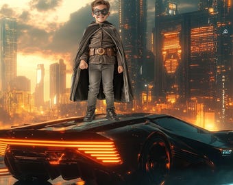 Digitale achtergrond superheld, futuristische auto's en sci-fi stadsgezicht virtuele achtergrond voor superheldfotografie, photoshop-overlay studio prop