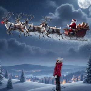 Könnte beinhalten: Digitale Illustration von Santa Claus in rotem Anzug, der einen Schlitten fährt, der von Rentieren durch einen Nachthimmel gezogen wird. Eine Person in roter Jacke und weißem Hut blickt zum Schlitten. Der Mond ist voll.