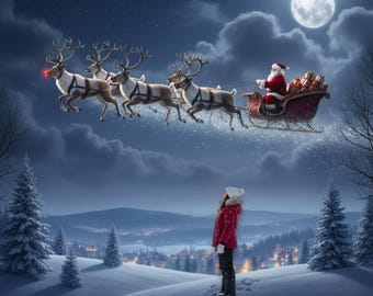 May include: A digital illustration of Santa Claus in a red suit riding a sleigh pulled by reindeer through a night sky. A person in a red jacket and white hat looks up at the sleigh. The moon is full.