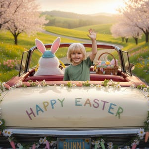 May include: A vintage convertible car with a child waving from the front seat, alongside a large Easter bunny. The car is decorated with flowers and carrots, with "HAPPY EASTER" written on the back. A basket of Easter eggs sits inside.