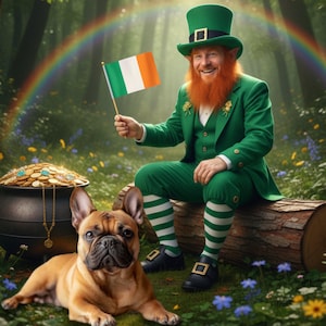 以下が含まれることがあります： 緑色のスーツと帽子を着たレプラコーンがアイルランドの旗を持ち、虹が上にある丸太に座っています。 金の入った鍋と茶色のフレンチブルドッグが前景にあり、花に囲まれています。