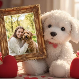 以下が含まれることがあります： 赤いハート型の首輪をした白い犬のぬいぐるみは、金色の装飾が施されたフォトフレームを持っています。フレームには女性と犬の写真が表示されています。赤いハートの飾りとバラがぬいぐるみを取り囲んでいます。