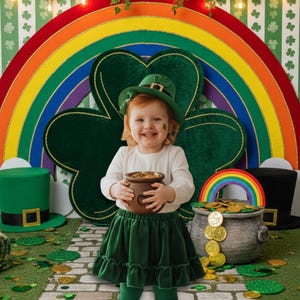 Könnte beinhalten: Ein Kind in grüner Kleidung, das einen Topf voller Goldmünzen hält, lächelt vor einem Regenbogen und einem Kleeblatt-Hintergrund. Die Szene ist mit Goldmünzen und grünen Hüten dekoriert und schafft ein festliches St. Patrick's Day-Thema.