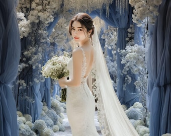 Wedding digital backdrop, elegant blue and white decor virtual background for wedding photography, party decor, photoshop overlay template