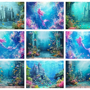 Mermaid underwater world DIGITAL backdrop, mermaid birthday party background, aquarium photo editing template, studio backdrop mockup