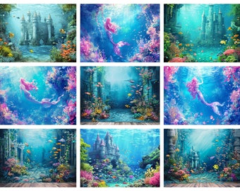 Mermaid underwater world DIGITAL backdrop, mermaid birthday party background, aquarium photo editing template, studio backdrop mockup