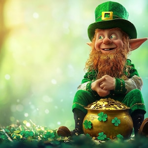 May include: A smiling leprechaun wearing a green hat and suit, sitting next to a pot of gold coins. The pot is adorned with shamrocks. The background is a blurred forest scene with green and yellow hues, suggesting a St. Patrick's Day theme.