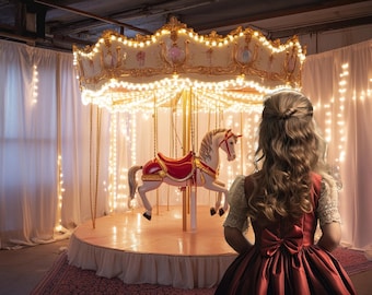 Carousel digital backdrop, merry-go-round with horse virtual background for children photography, photoshop overlays editing template