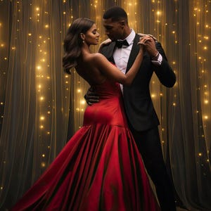 May include: A couple in formal attire dances in front of a shimmering gold curtain. The woman wears a red gown with a flowing skirt, while the man wears a black tuxedo with a bow tie.