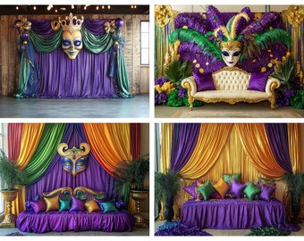 Mardi gras digital backdrop, 8 virtual backgrounds with masks for Mardi gras celebration, photo studio prop, photoshop editing template