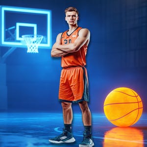 May include: A basketball player in an orange jersey and shorts stands with arms crossed in front of a glowing basketball and a basketball hoop. The jersey has the number 30 on it. The background is a blue basketball court.