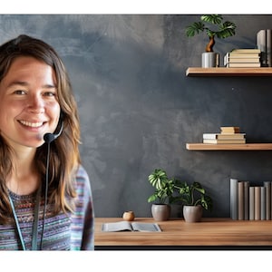 May include: A woman wearing a headset and a colourful striped jumper smiles at the camera. She is sitting in front of a desk with a notebook and a potted plant. There are shelves with books and plants behind her.