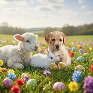 以下が含まれることがあります： 子羊、子犬、白いウサギ、2羽のヒヨコがいる日当たりの良い野原のシーン。カラフルなイースターエッグと野花が緑の草に点在しています。空は青く、雲がいくつかあります。
