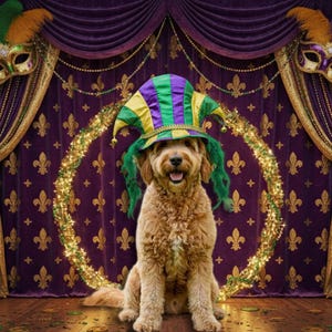 Op de afbeelding: Een goudkleurige hond draagt een groene, paarse en gele narrenhoed, voor een paars gordijn met gouden fleur-de-lis patronen. De achtergrond bevat Mardi Gras maskers en een goud verlichte cirkel.