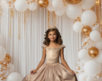 Balloon arch digital backdrop, white and golden balloons virtual background for birthday parties, maternity photos, couple photography