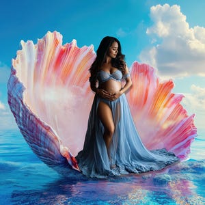 May include: A pregnant woman in a flowing blue gown stands inside a large, pink and white seashell. The seashell is floating on the surface of the ocean.