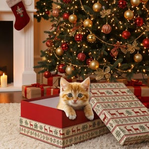 以下が含まれることがあります： 赤とクリーム色のトナカイ模様のクリスマスギフトボックスから、オレンジ色のキジトラの子猫が顔をのぞかせています。背景には、オーナメントとライトで飾られたクリスマスツリー、プレゼント、暖炉があります。