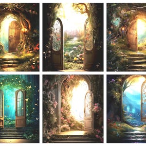 Può includere: Sei porte di stile fantastico diverse, ognuna con un'ambientazione unica e uno stile di porta diverso. Le porte sono circondate da una vegetazione lussureggiante e fiori, e ognuna conduce a un mondo magico diverso.