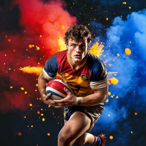 May include: A rugby player in a colorful uniform, holding a rugby ball, running with a dynamic pose. The background features red and blue smoke effects with yellow sparks, creating a sense of action and energy. The player is wearing a blue, red, and yellow jersey.