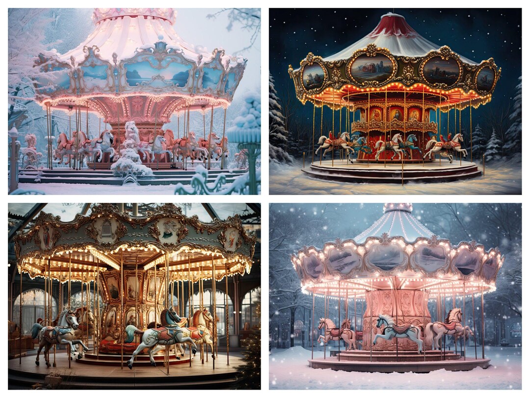 5 Winter Carousel Digital Backdrop, Christmas Snow Virtual Background ...