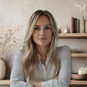 May include: A woman with long blonde hair is standing in front of a wall with wooden shelves. The shelves are decorated with books, vases, and dried flowers. The woman is wearing a white button-down shirt and has her arms crossed.