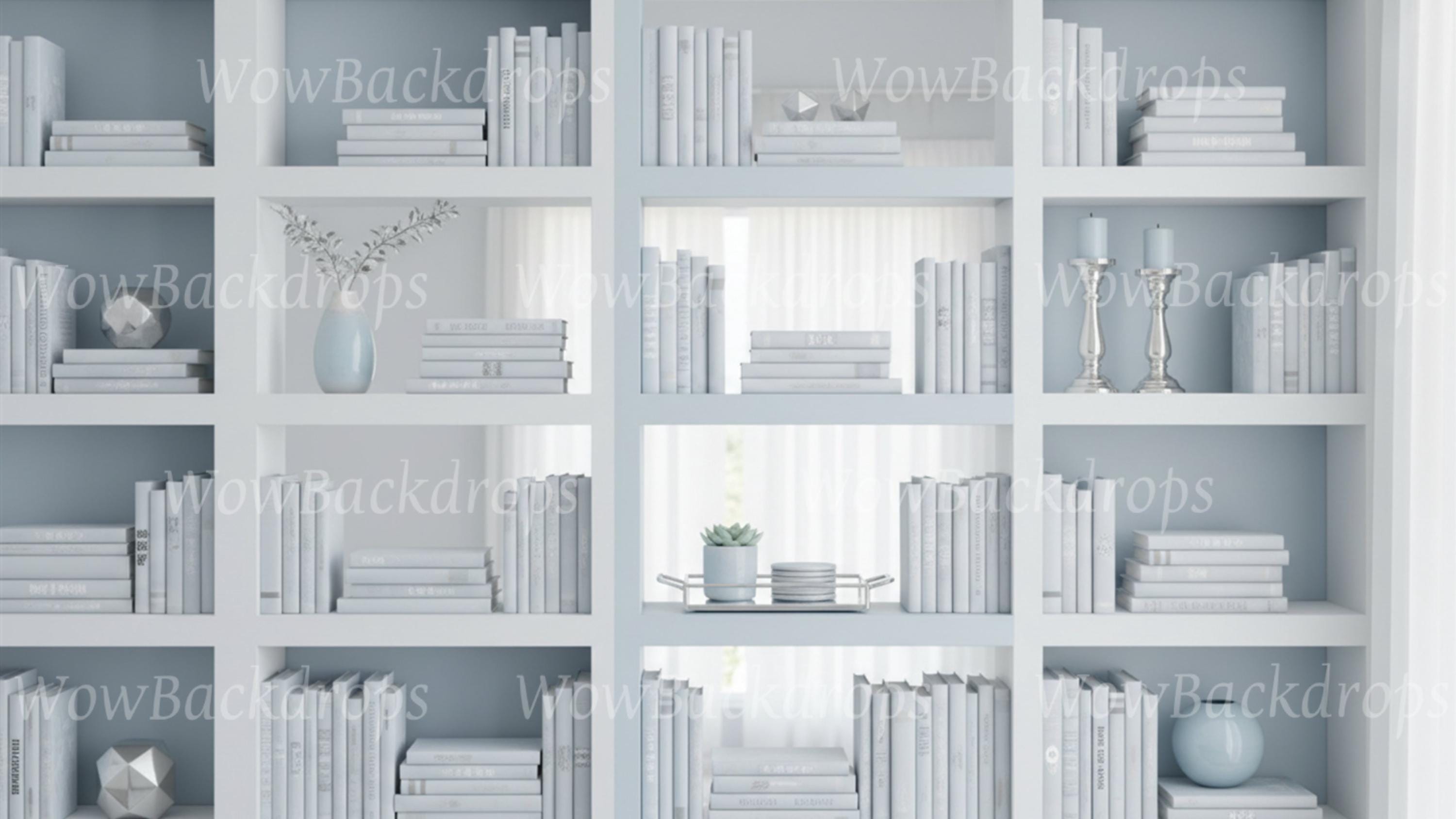 Home Office Bookshelf Zoom Background, Blue Library Digital Background ...