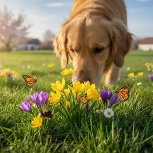 以下が含まれることがあります： 芝生の中で、ゴールデンレトリバーの犬が色とりどりの春の花を嗅いでいます。黄色と紫のクロッカスが、オレンジ色の蝶とミツバチとともに咲いています。背景には家があり、晴れた日です。