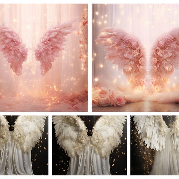 Angel wings maternity photoshoot digital backdrop, DIGITAL DOWNLOAD, photo editing template overlay, white/pink picture background