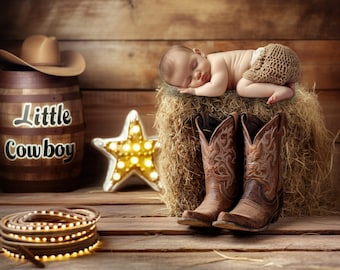 Cowboy baby newborn photography digital backdrop, toddler picture virtual background, photoshop overlays editing template studio prop mockup