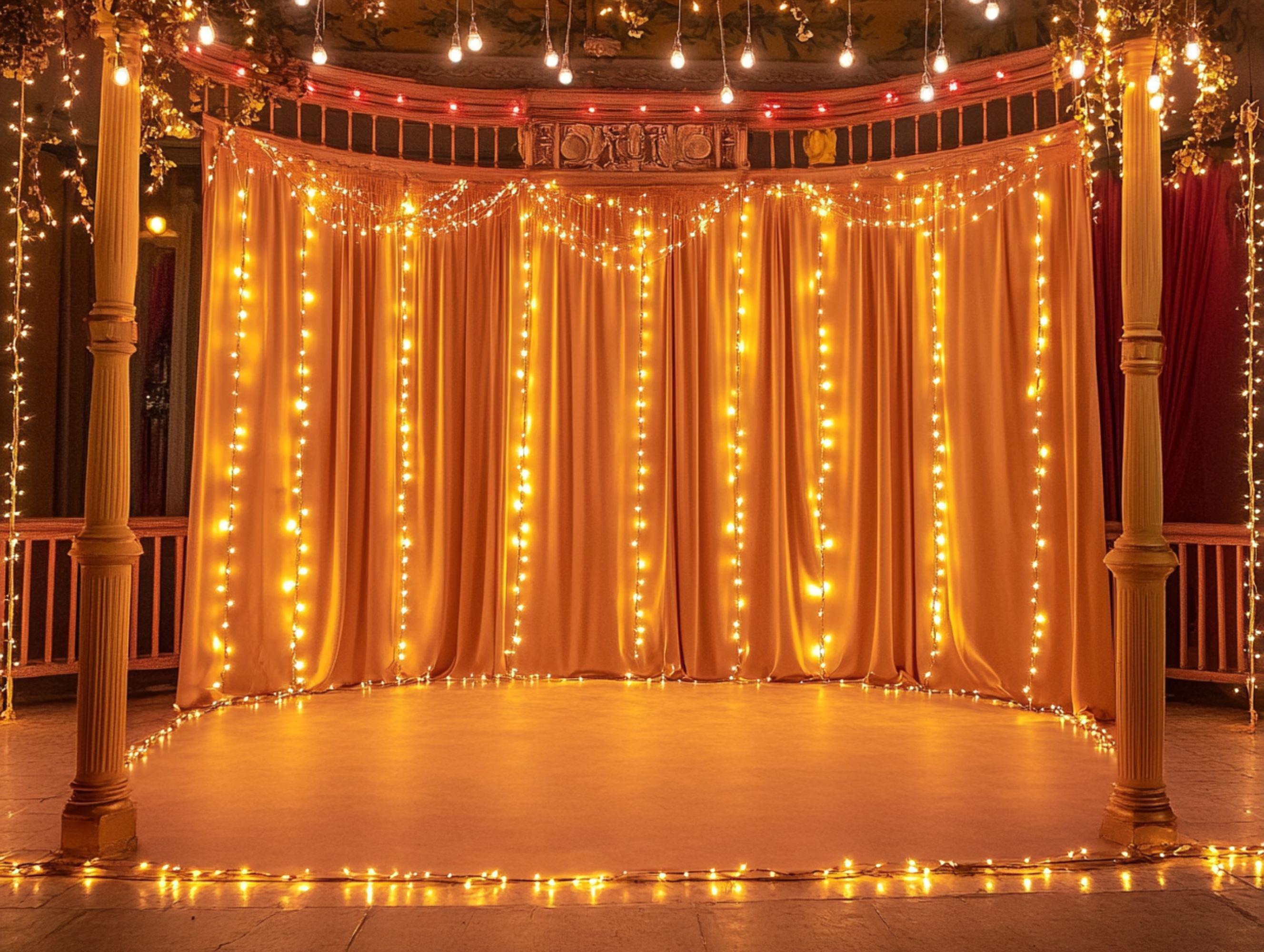 Wedding Digital Backdrop, Curtain of Lights Indian Wedding Stage