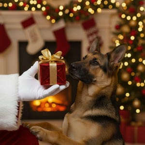 Könnte beinhalten: Ein Deutscher Schäferhund blickt auf eine rote Geschenkbox mit goldener Schleife, die von einer Person im Weihnachtsmannkostüm gehalten wird. Der Hintergrund zeigt einen Weihnachtsbaum, einen Kamin und festliche Dekorationen.