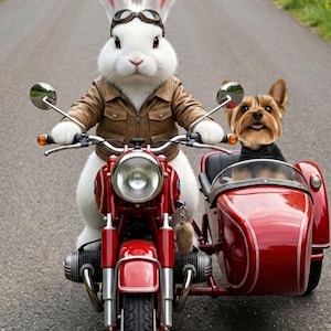 イースターバニーのバイクのデジタル背景（ペット＆犬用）、面白い動物の写真背景、ペット写真撮影用小道具、デジタルダウンロード