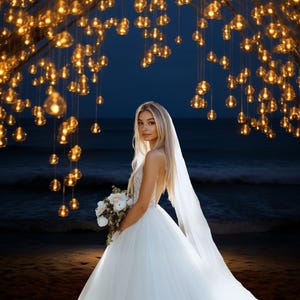Könnte beinhalten: Eine Braut in einem weißen Brautkleid mit langem Schleier steht unter einem Baldachin aus funkelnden Lichtern. Sie hält einen Strauß weißer Blumen und blickt in die Kamera.