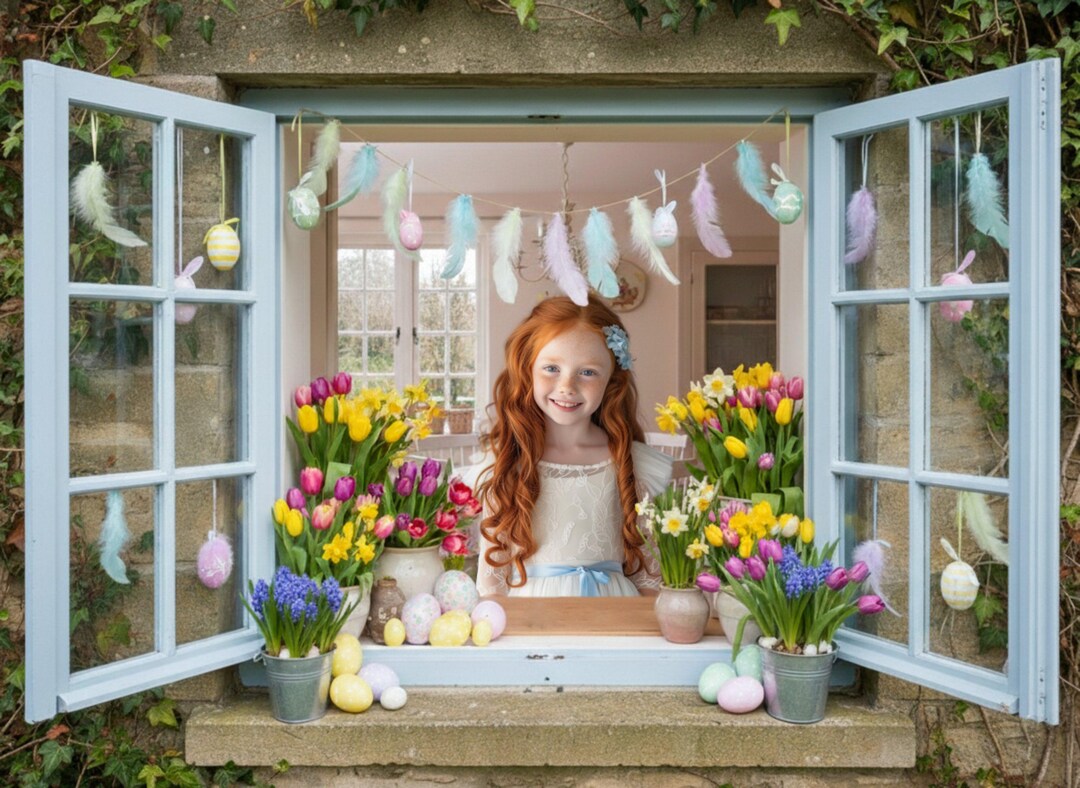 Easter Digital Backdrop, Spring Window Scene With Tulips & Eggs, Pastel ...