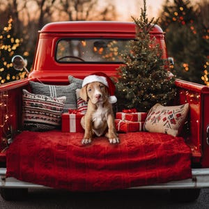以下が含まれることがあります： 赤いヴィンテージのピックアップトラックのベッドには、クリスマスの飾り付けが施されています。サンタ帽をかぶった子犬が赤い毛布の上に座っています。枕、包装されたギフト、小さなクリスマスツリーが、お祝いのシーンを完成させています。