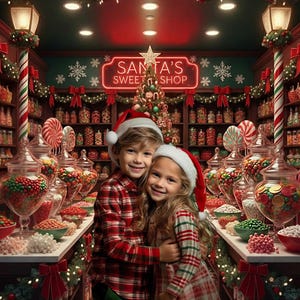 Puede incluir: Dos niños con gorros de Papá Noel y ropa a cuadros se abrazan en una tienda de dulces. La tienda está decorada para Navidad con guirnaldas, luces y un letrero de neón que dice "Santa's Sweet Shop". Frascos de caramelos coloridos bordean los estantes.