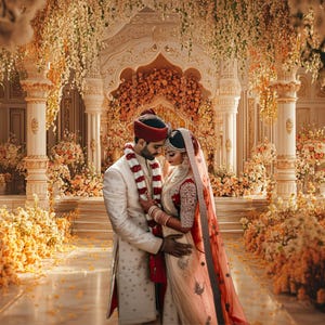 May include: A couple in traditional Indian wedding attire stand close together in a beautifully decorated wedding ceremony space. The bride wears a red and gold sari with a long veil, while the groom wears a white sherwani with a red and white garland.
