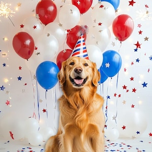 以下が含まれることがあります： 赤い、白、青の風船の前で、パーティーハットをかぶったゴールデンレトリバーが座っています。 輝きと星型の紙吹雪が、お祝いのシーンを盛り上げます。 犬は笑顔で、お祝いの雰囲気を醸し出しています。