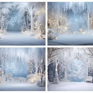 May include: A collection of four digital photography backdrops featuring winter forest scenes. Each image displays snow-covered trees, icy branches, and soft glowing fairy lights, creating a bright, white, and blue-toned frozen landscape.