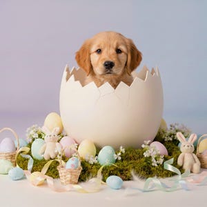 以下が含まれることがあります： 大きなクリーム色の卵の殻から顔を出すゴールデンレトリバーの子犬。パステルカラーのイースターエッグ、小さなバスケット、ぬいぐるみウサギ、リボンが卵を囲み、お祝いの春のシーンを作り出しています。