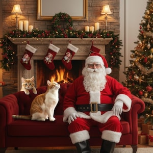 以下が含まれることがあります： 赤い衣装のサンタクロースが、2匹の猫と赤いソファに座っています。暖炉には靴下が飾られ、背景にはクリスマスツリーがあり、温かくお祝いの雰囲気を作り出しています。