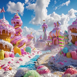 May include: A whimsical candy land scene with colorful candy castles, a blue stream, and a white, sugary landscape.