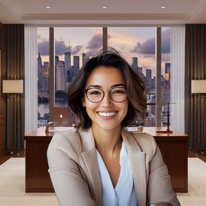 May include: A woman wearing glasses and a beige blazer smiles in a well-lit office. The office features a large window with a city skyline view, a wooden desk, and bookshelves. Artwork and lamps add to the professional ambiance.