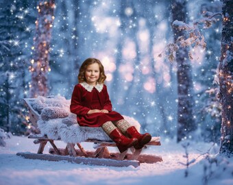 May include: A child in a red velvet dress and boots sits on a wooden sled with a white fur blanket. The sled is in a snowy forest with twinkling lights and falling snow, creating a winter scene.
