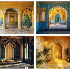 May include: A collage of four images depicting ornate, intricately decorated rooms with arched doorways and golden accents. The first image features peacocks on the walls, the second image has a blue and gold colour scheme, the third image has a green and gold colour scheme, and the fourth image has a gold and white colour scheme.
