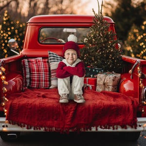 Red pickup truck Christmas digital backdrop for children, Xmas virtual background for portrait photography, picture overlay editing template