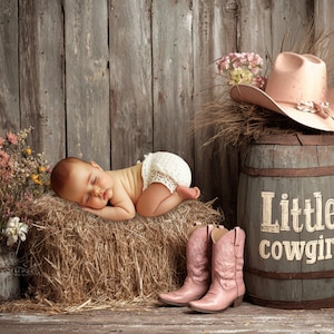 Pode incluir: Um bebê dormindo com uma fralda branca descansa sobre um fardo de feno. Botas de cowboy rosa e um chapéu de cowboy rosa estão perto de um barril de madeira com as palavras "Little cowgirl" pintadas. Flores secas e um fundo de madeira rústica completam a cena.